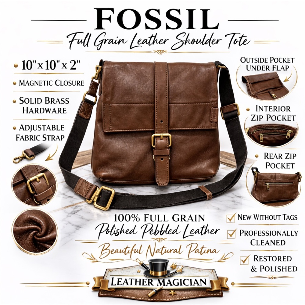 Fossil Dark Brown Leather Messenger Bag NWOT 100% Full Grain Leather-Unisex